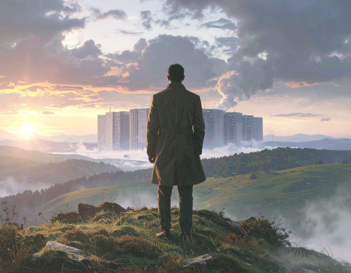 Romantische Illustration: Eine Figur blickt über eine Landschaft, im Hintergrund ein gigantisches Rechenzentrum wie eine Kathedrale. Symbol für die ökologische Last von KI.