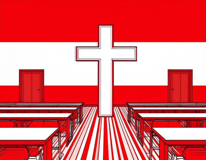Illustration im Pop-Art-Stil: Ein Kreuz und religiöse Symbole als Zeichen gesellschaftlicher Zugehörigkeit. Symbolisch für Plakolms Inszenierung österreichischer Werte im Integrationsdiskurs.