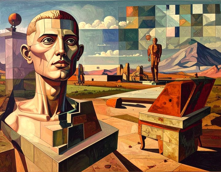 Surrealistische Darstellung einer Figur, halb Mensch, halb Maschine, mit fragmentiertem Körper in geometrischer Landschaft. Symbol für den Menschen als unbewussten Droiden.