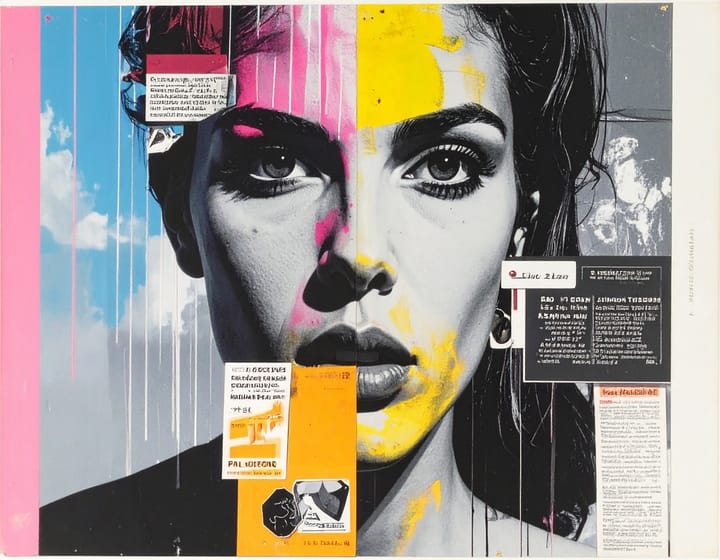 Digitale Collage: Schwarz-weißes Gesicht überlagert mit Neonfarben, Plattform-Logos und Textfragmenten – Symbol für die Machtübernahme der Plattformen und den Verlust von Autonomie.