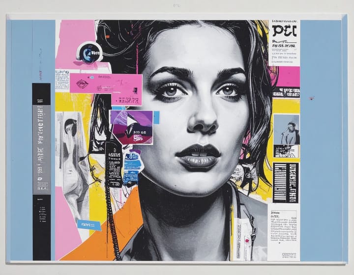 Pop-Art-Collage: Fragmentiertes Gesicht kombiniert mit Big-Tech-Logos und Datensymbolen – Kritik am Schein von Freiheit im Plattform-Kapitalismus.