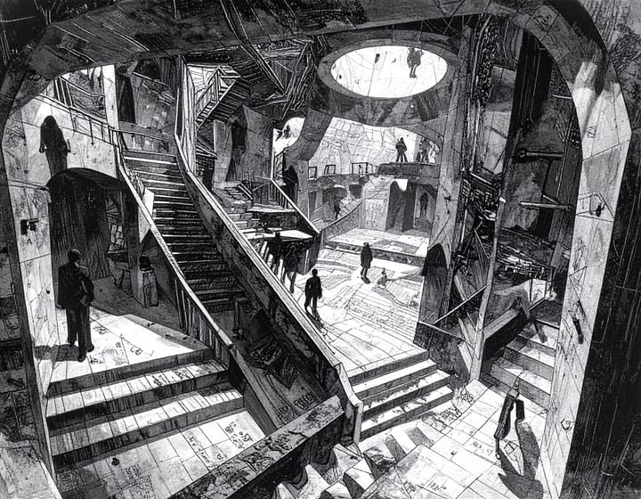 Surreale Illustration: Verschachtelte Treppen und unmögliche Räume mit digitalen Mustern. Sinnbild für KI-Halluzinationen – scheinbar logisch, aber ohne Richtung.