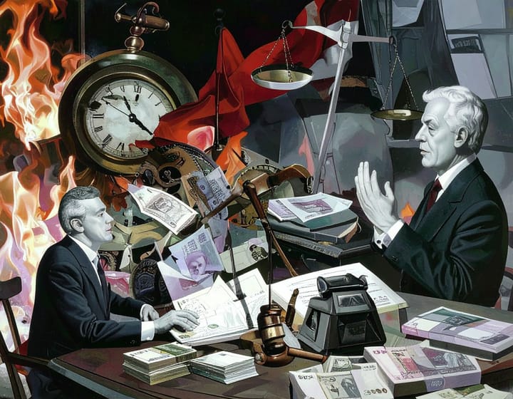 Satirische Illustration: Politiker im Anzug diskutieren, während Geldscheine brennen und eine Uhr stillsteht – Symbol für Österreichs stagnierende Wirtschaft und hohe Inflation.