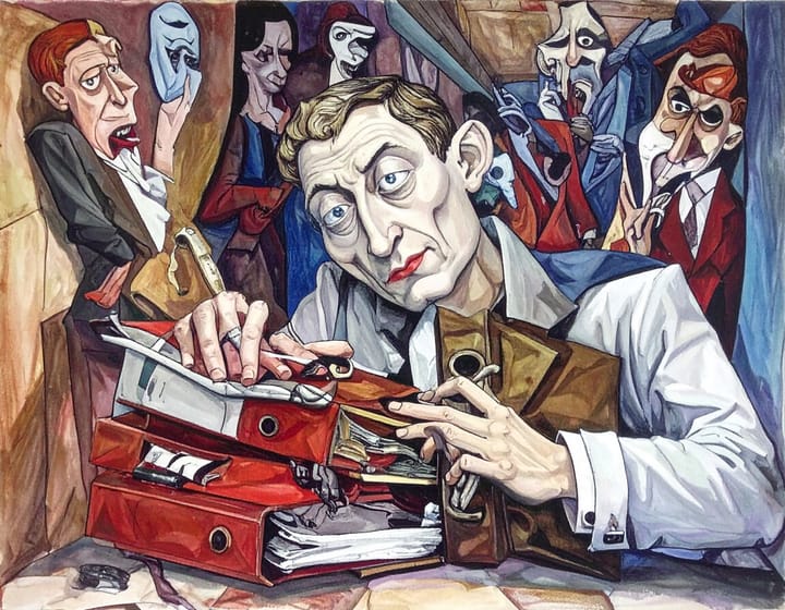 Expressionistisches Gemälde: Ein verzweifelter Bürokrat mit roten Akten, umgeben von grotesken Figuren. Symbol für politisches Versagen und Postenschacher in Österreich.