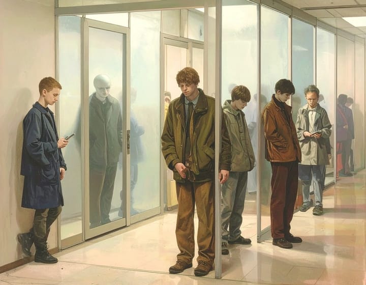 Jugendliche mit Smartphones in einem gläsernen Raum, getrennt von gesichtslosen Erwachsenen hinter Milchglas – Symbol für Kontrolle, Isolation und digitale Unmündigkeit.