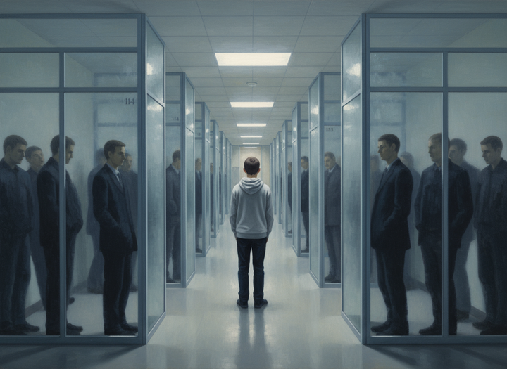 Teenager steht isoliert in einem Schulflur, während Erwachsene hinter Glaswänden passiv zusehen. Symbol für strukturelles Mobbing und institutionelles Versagen.
