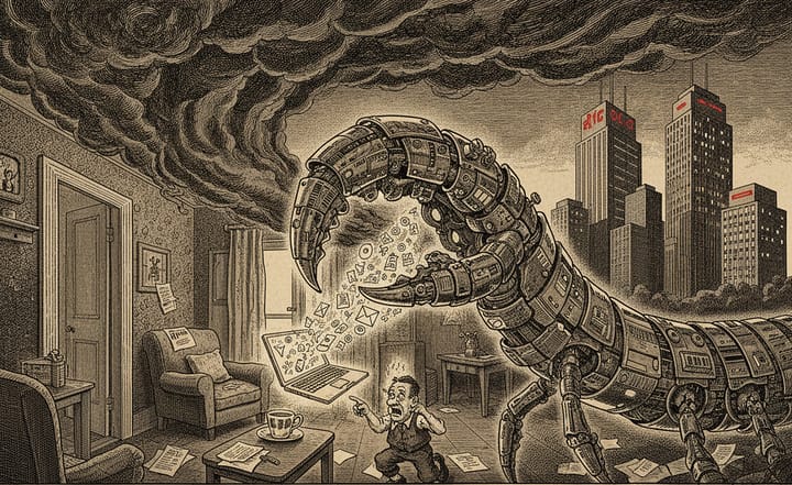 Mechanische Krake greift nach Laptop in einem Wohnzimmer, Daten fliegen auf, Person weicht zurück. Politische Montage. © Marjan Milosavljević, 2026.